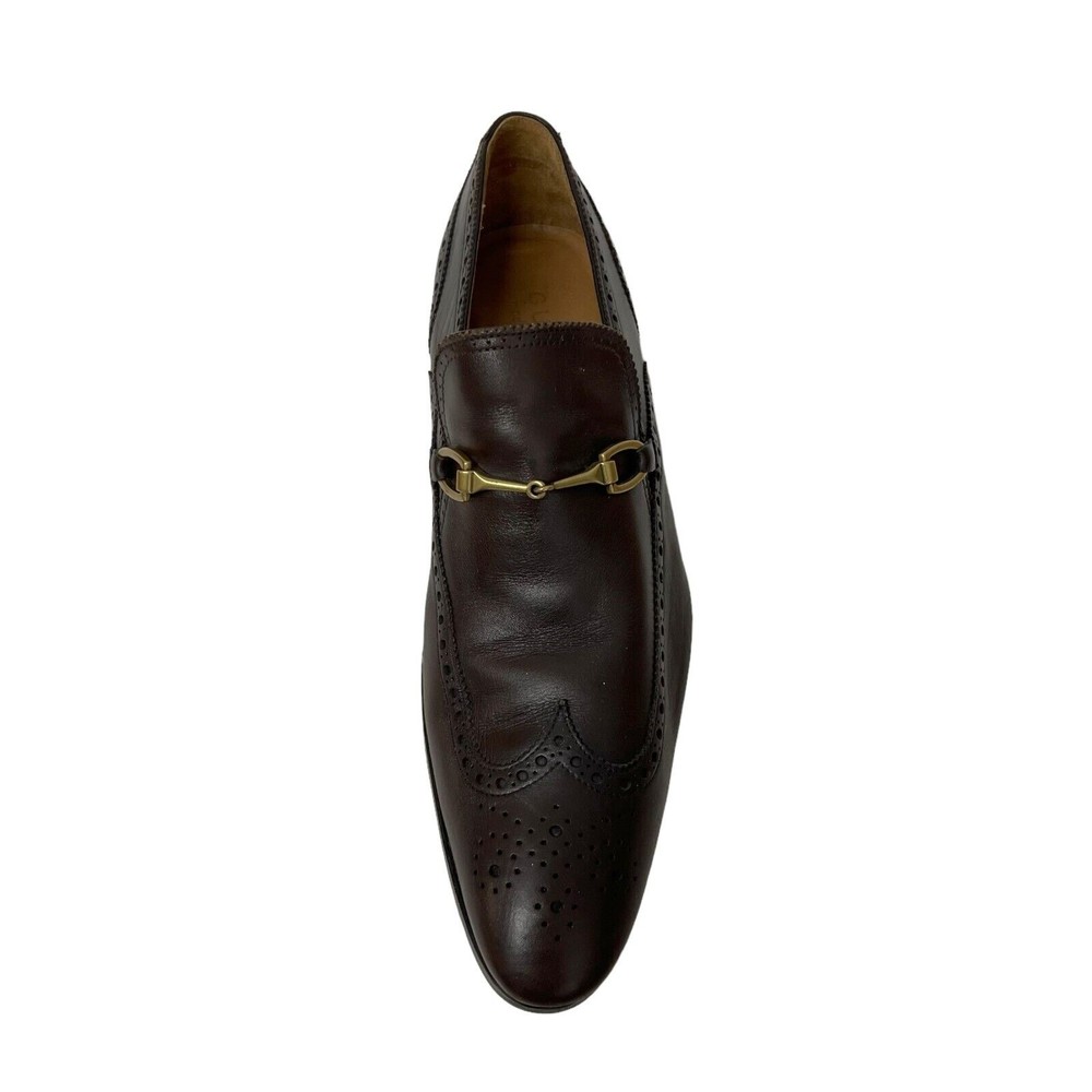 Gucci Men Shoes Brown Leather Sz 8.5 Loafer Slip On Horsebit Wingtip Italy - Picture 9 of 12